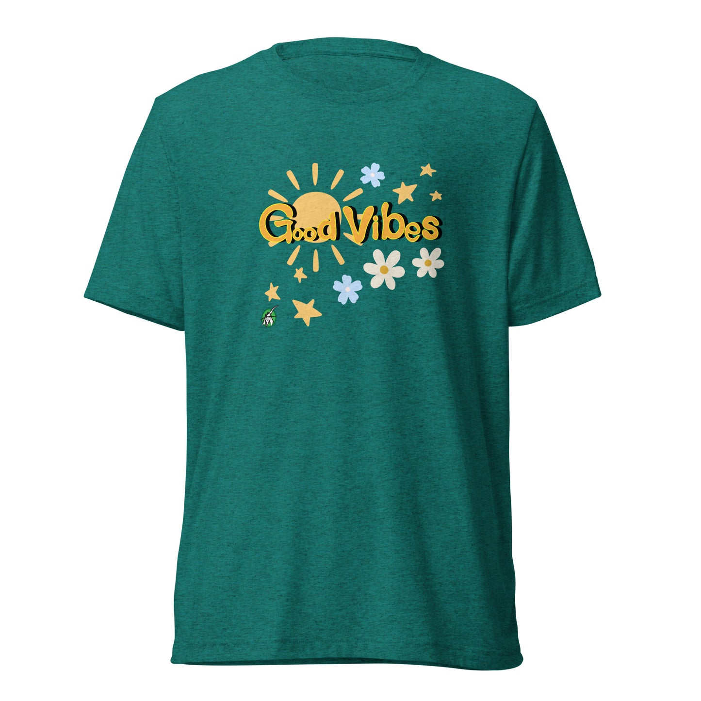 Men's blue green tee shirt with a printed graphic of the sun and the words, Good Vibes. Designed by Wizard Prints