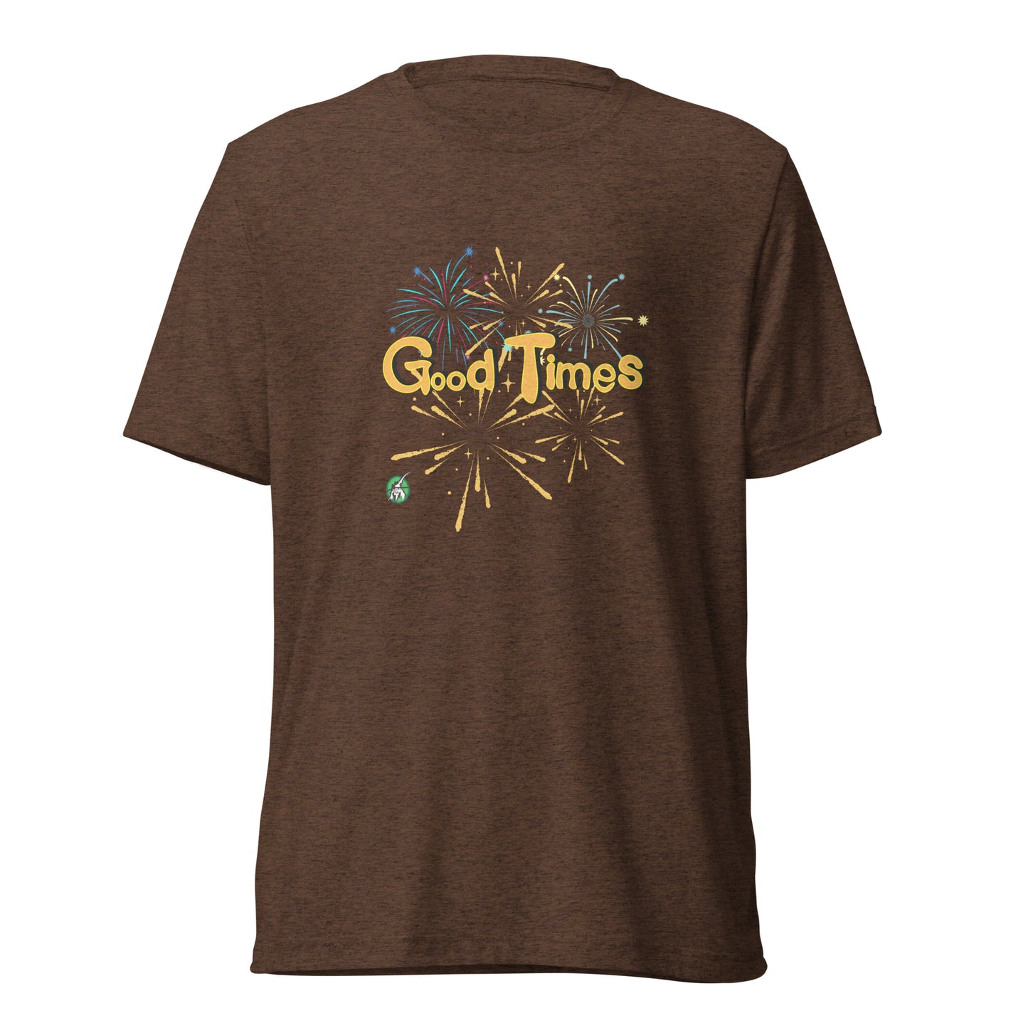Men's brown tee shirt with a printed graphic of the sun and the words, Good Vibes. Designed by Wizard Prints