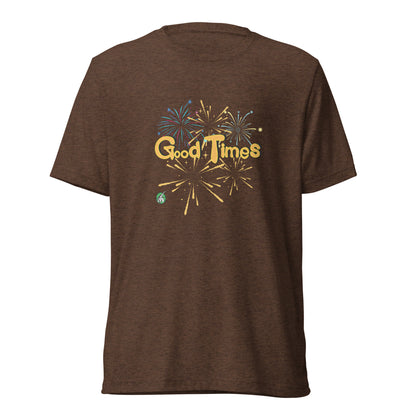 Men's brown tee shirt with a printed graphic of the sun and the words, Good Vibes. Designed by Wizard Prints