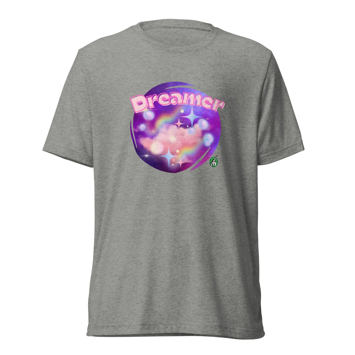 Men's grey tee shirt with a printed graphic of a galaxy background and the word Dreamer on top. Designed by Wizard Prints