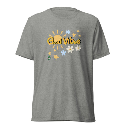 Men's grey tee shirt with a printed graphic of the sun and the words, Good Vibes. Designed by Wizard Prints