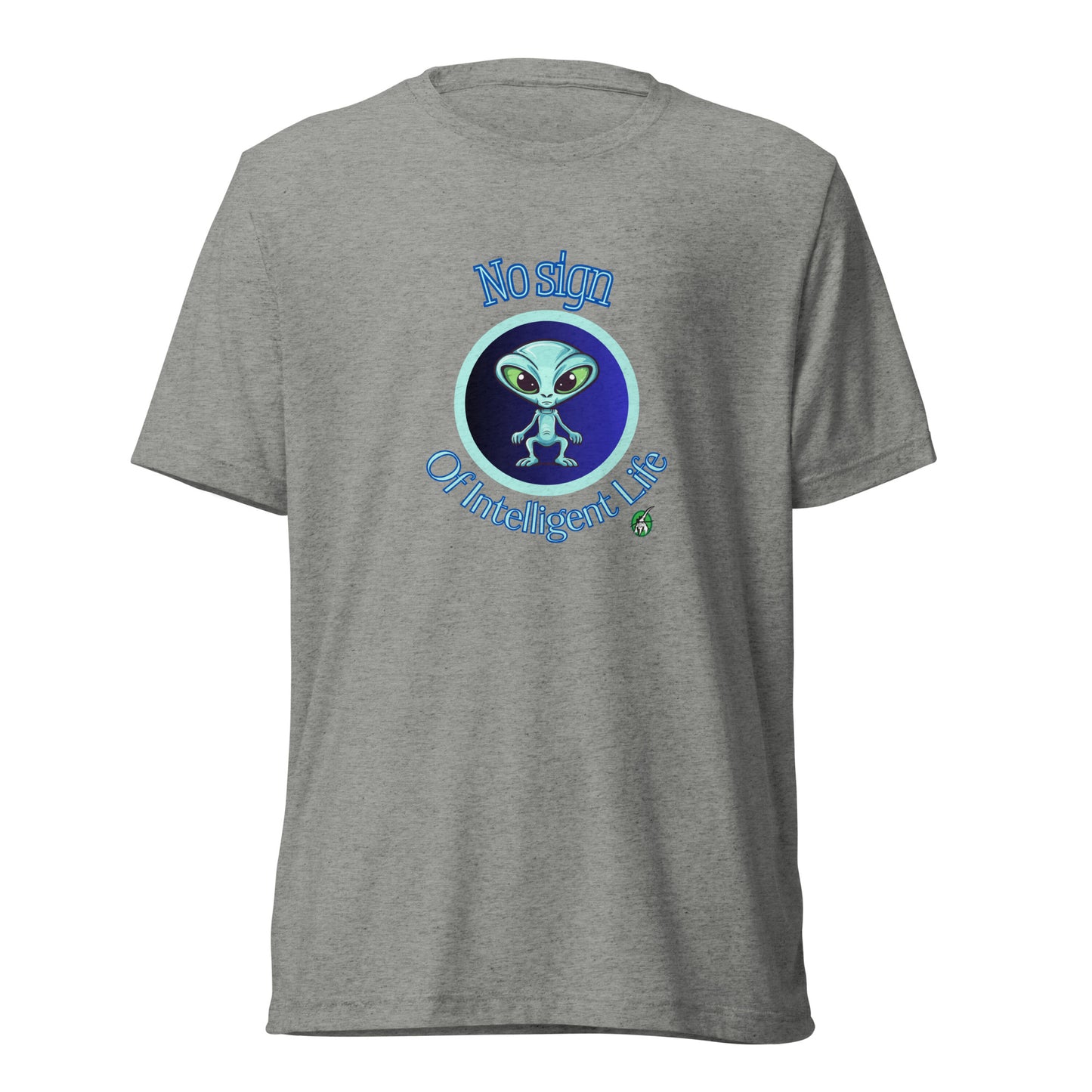 Men's grey tee shirt with a printed graphic of a blue alien and the words No Sign of Intelligent Life. Designed by Wizard Prints