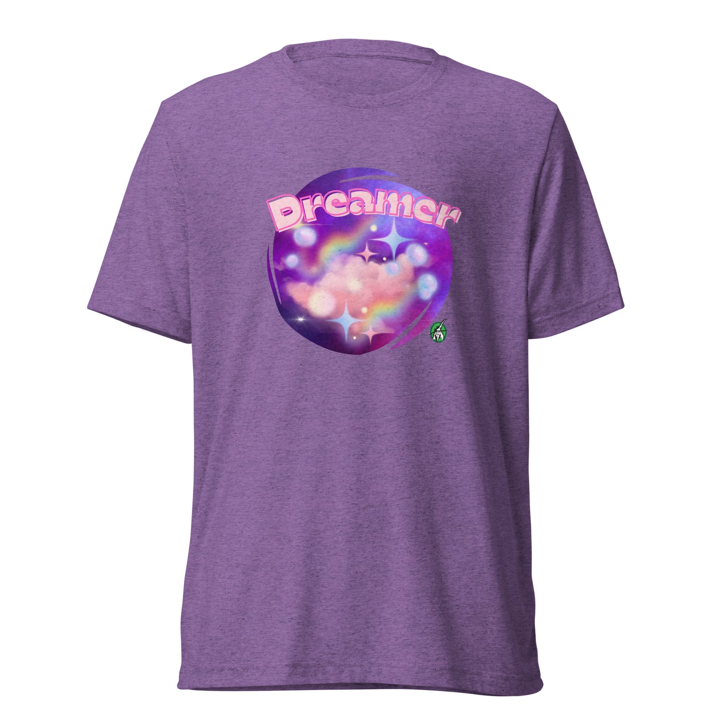 Men's purple tee shirt with a printed graphic of a galaxy background and the word Dreamer on top. Designed by Wizard Prints