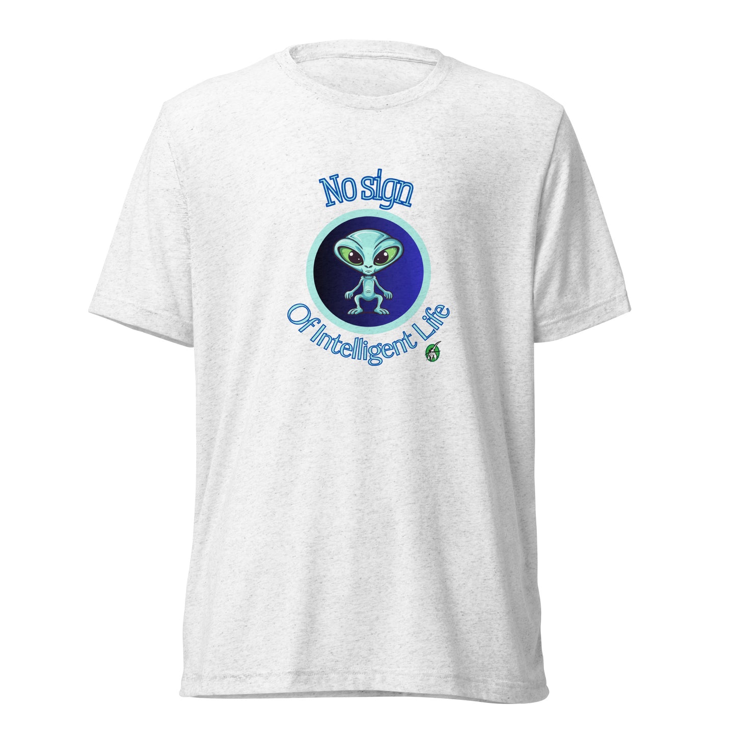 Men's white tee shirt with a printed graphic of a blue alien and the words No Sign of Intelligent Life. Designed by Wizard Prints