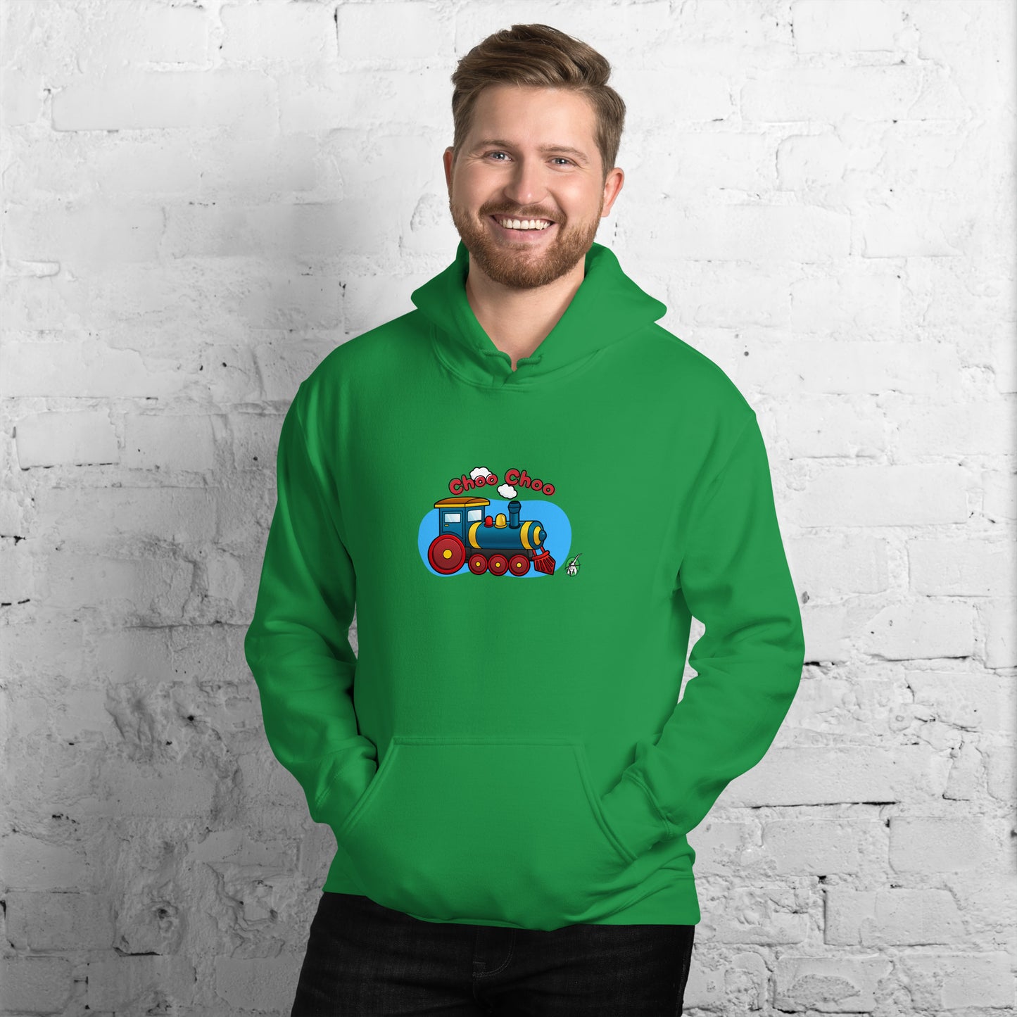 A man standing wearing a green hoodie with a printed graphic of a cartoon train and the words 'Choo Choo'. Designed by Wizard Prints