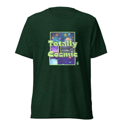 Men's green t-shirt by Wizard Prints featuring a printed graphic of colorful planets in the background with the words “Totally Cosmic” on top.