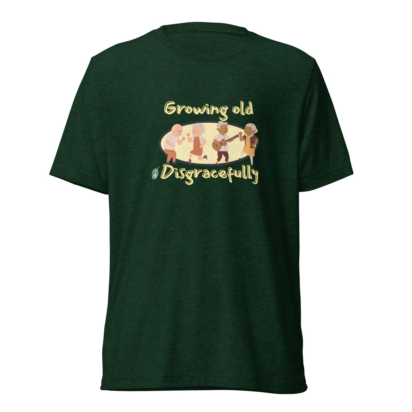 Men's green t-shirt by Wizard Prints featuring a printed graphic of a group of old people dancing and the words, Growing Old Disgracefully.