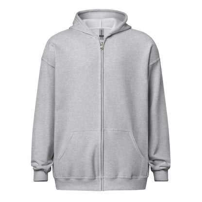 Front view of a men's grey zip through hoodie by Wizard Prints Shop