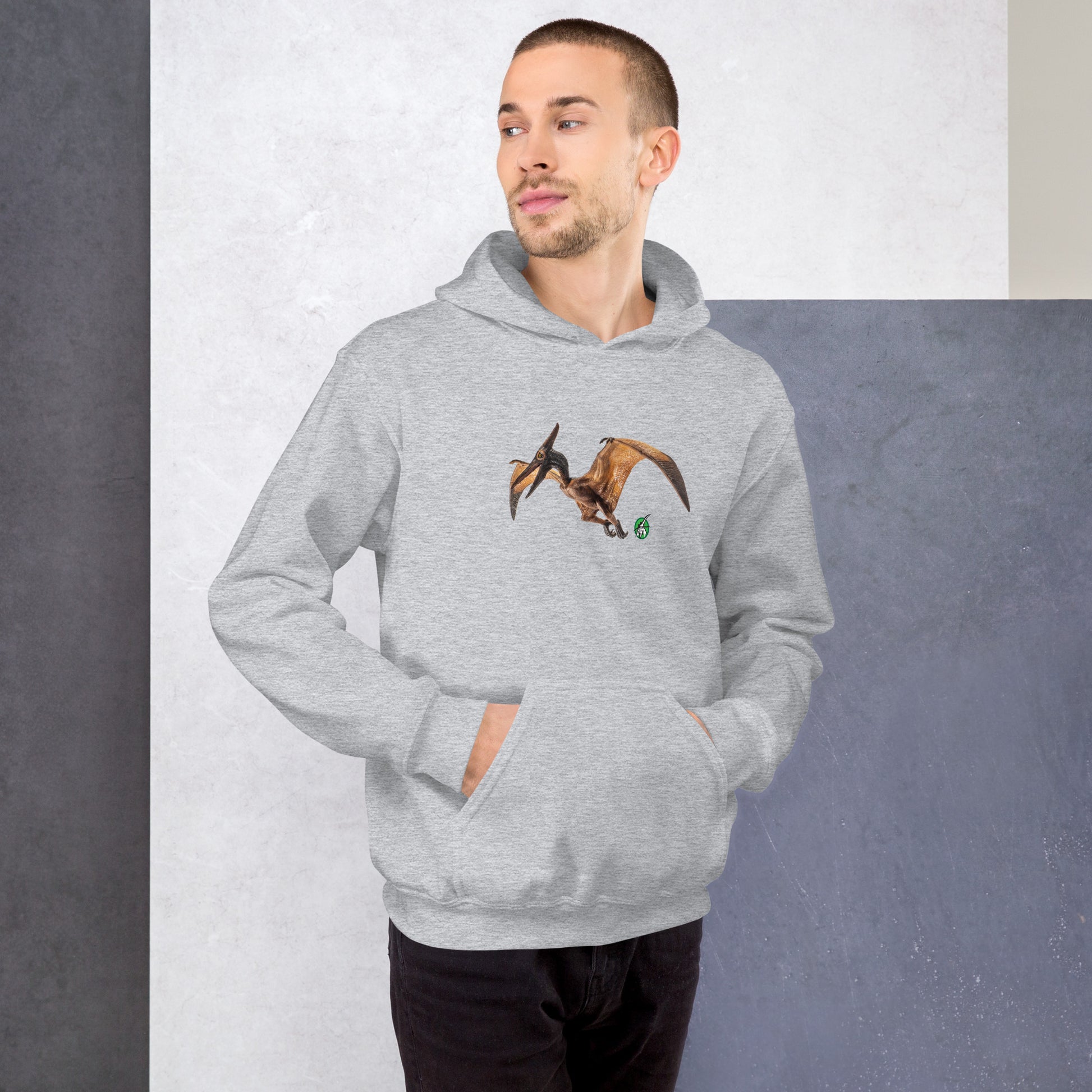 A man standing wearing a grey hoodie with a printed graphic of a life like pterodactyl dinosaur. Designed by Wizard Prints.