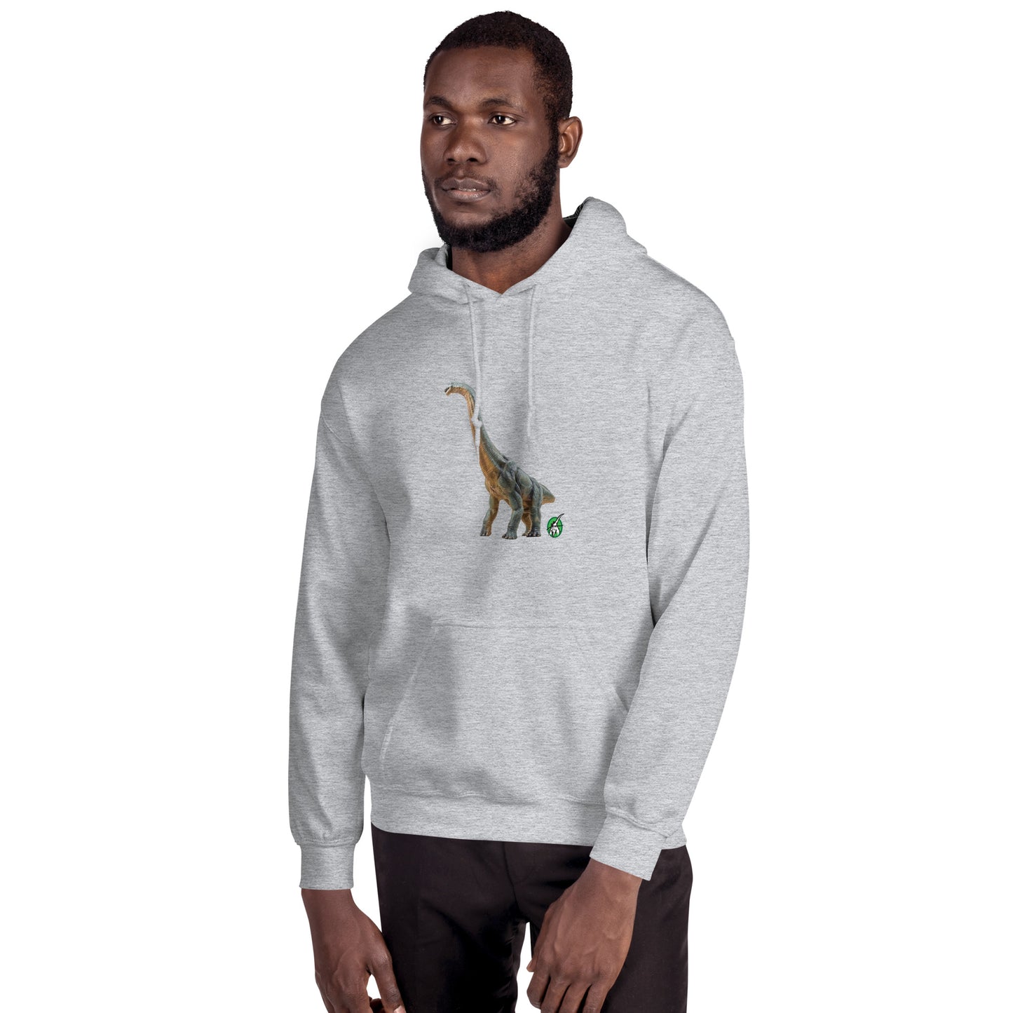 A man standing wearing a grey hoodie with a printed graphic of a life like dinosaur, designed by Wizard Prints
