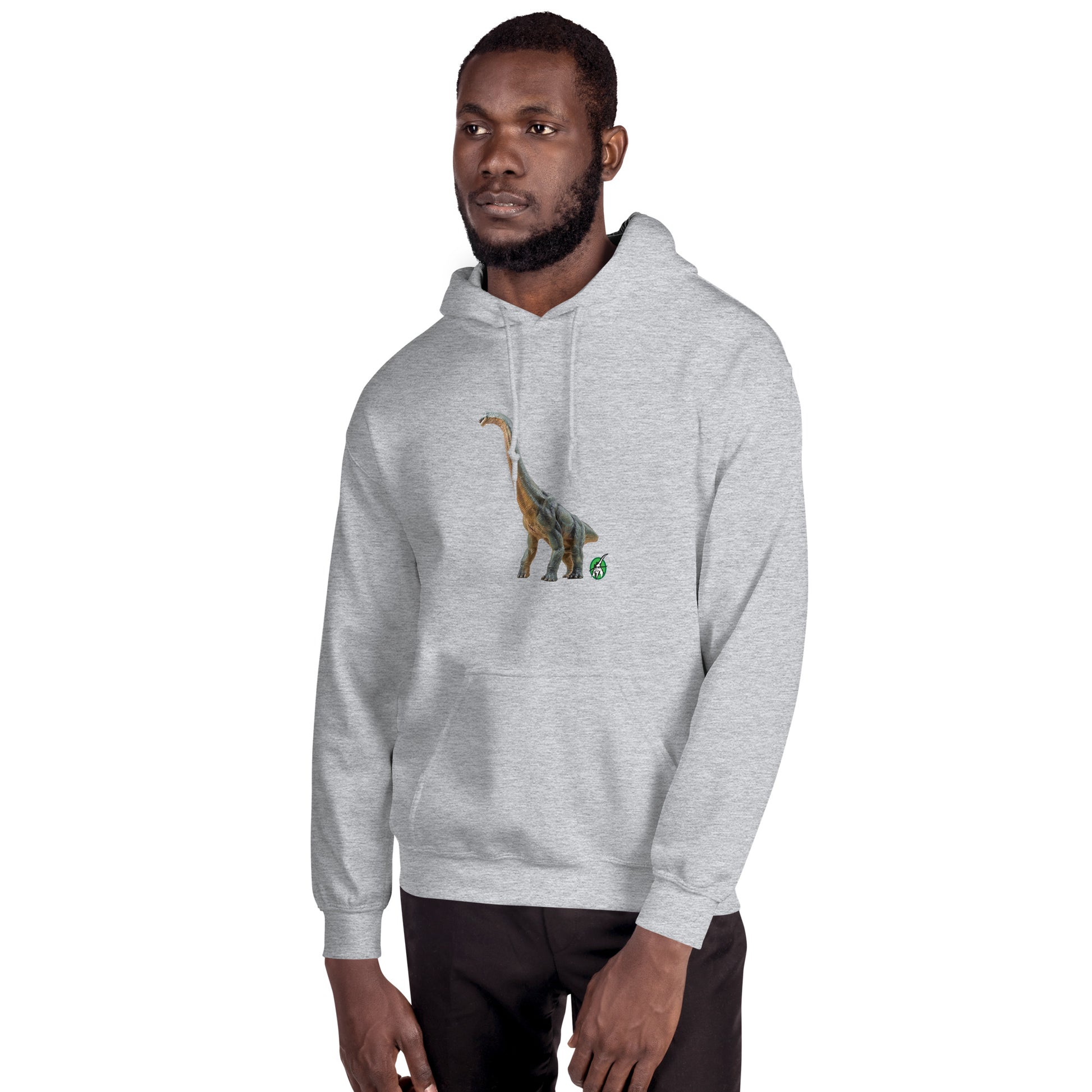 A man standing wearing a grey hoodie with a printed graphic of a life like dinosaur, designed by Wizard Prints