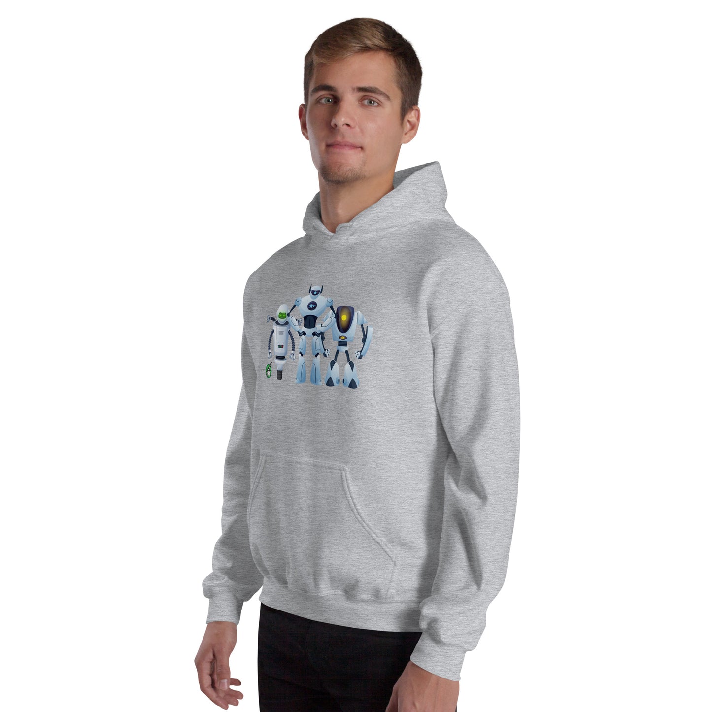 A man standing wearing a grey hoodie with a printed graphic of three cartoon robots, designed by Wizard Prints