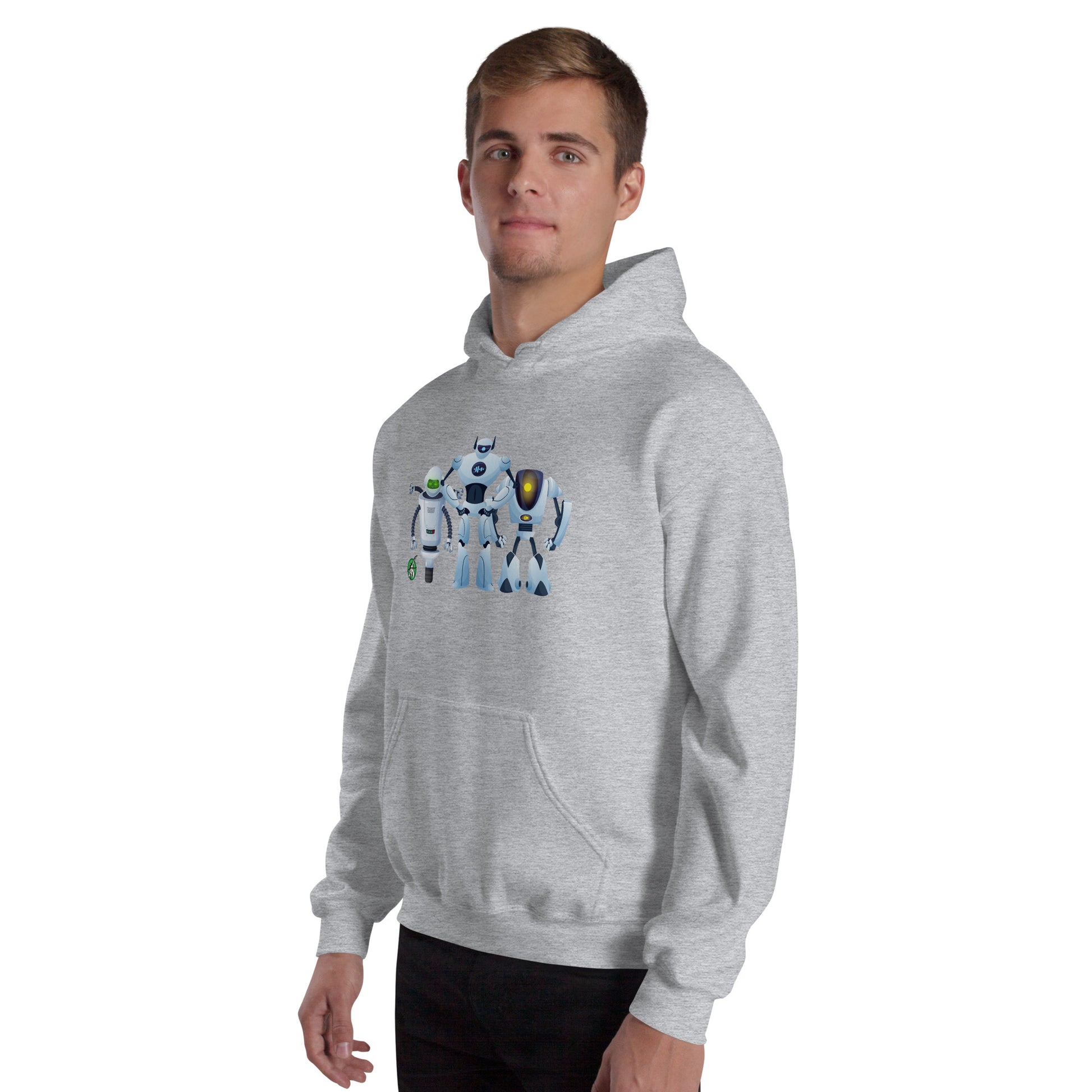 A man standing wearing a grey hoodie with a printed graphic of three cartoon robots, designed by Wizard Prints