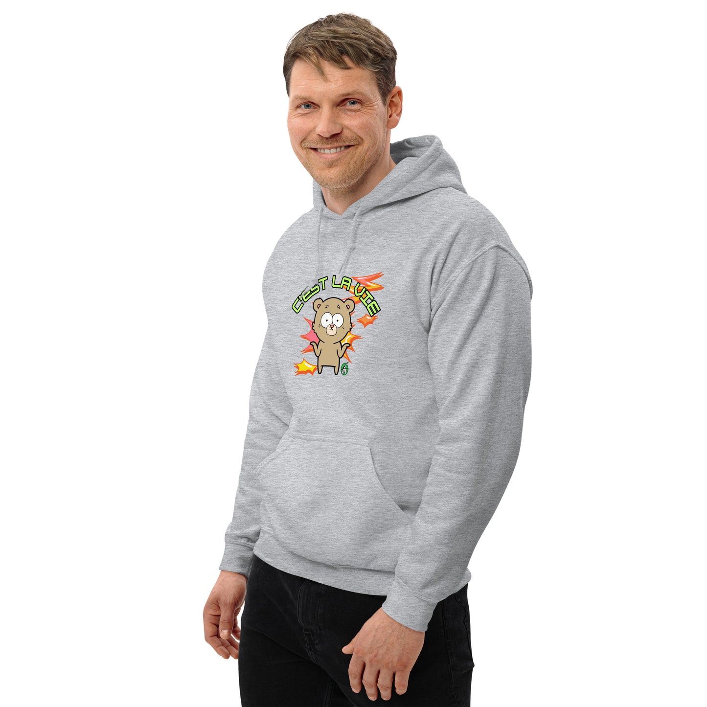 A man standing wearing a grey hoodie by Wizard Prints featuring a printed graphic of a shrugging cartoon bear and the words, C'est La Vie.
