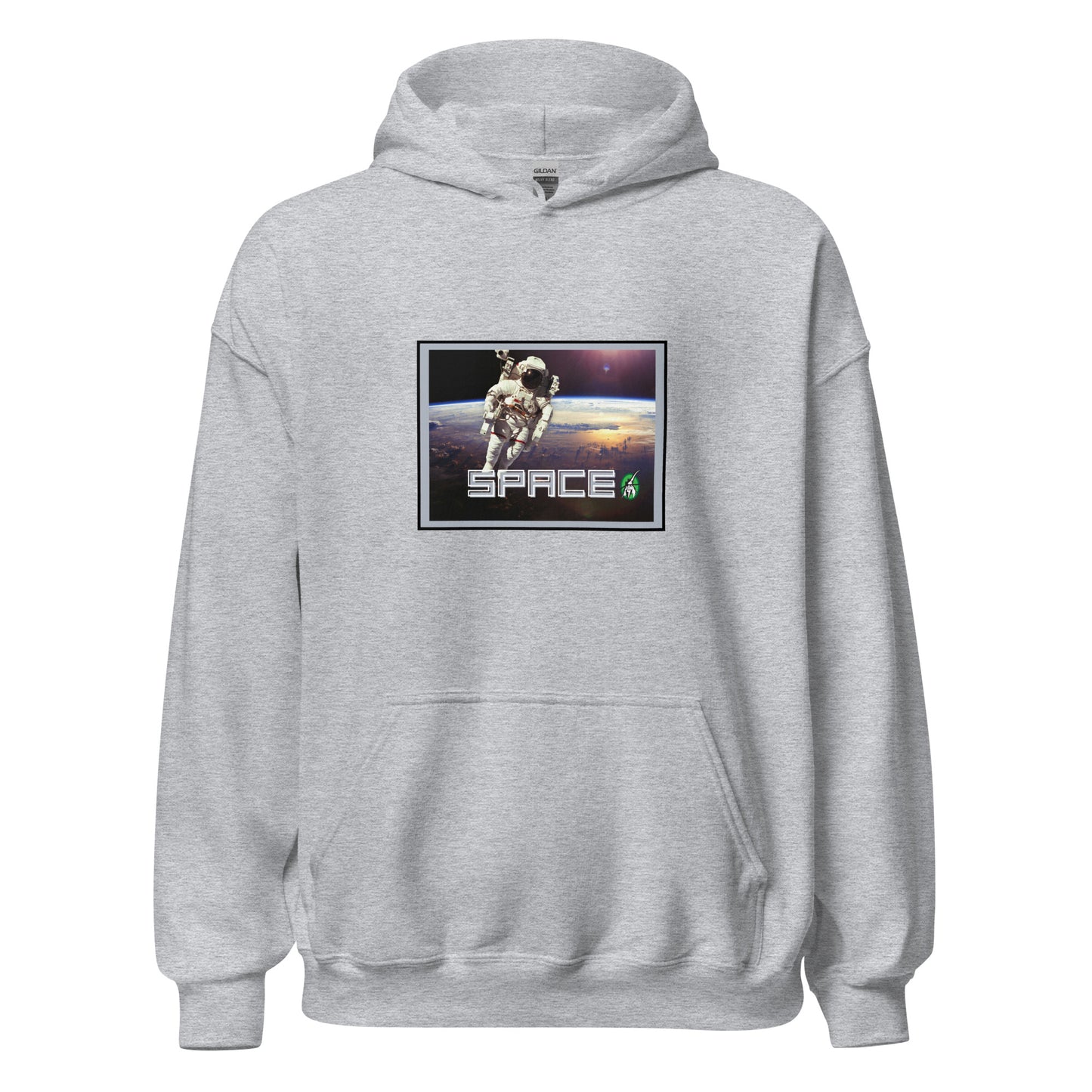 Men's grey hoodie with the printed graphic of a real astronaut in space and the word, Space, by Wizard Prints.