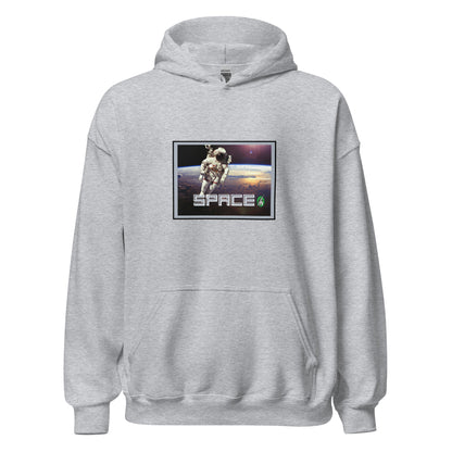 Men's grey hoodie with the printed graphic of a real astronaut in space and the word, Space, by Wizard Prints.