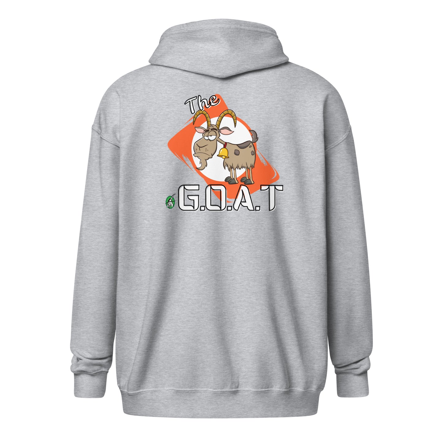 Men's grey zip through hoodie with a graphic of a goat on the back with the word G.O.A.T as in Greatest of all Time and a graphic of a goat on an orange background by Wizard Prints