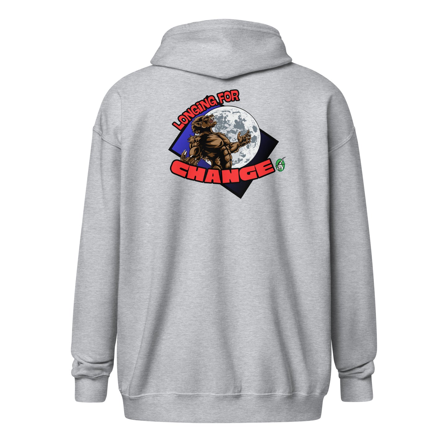 Men's grey zip through hoodie with a graphic on the back of a werewolf growling at the moon with the words, 'longing for change' by Wizard Prints