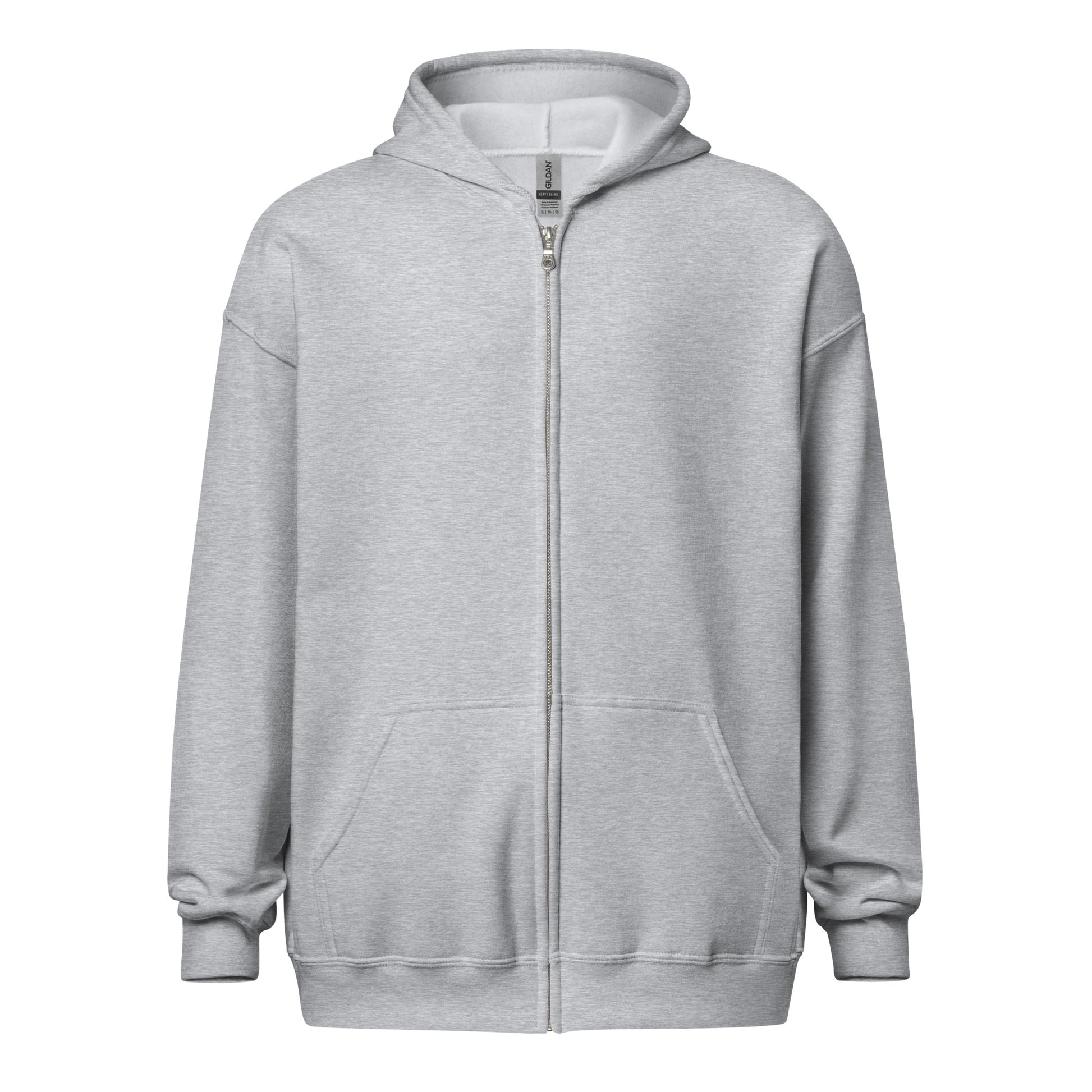 Front view of a men's grey zip through hoodie by Wizard Prints Shop