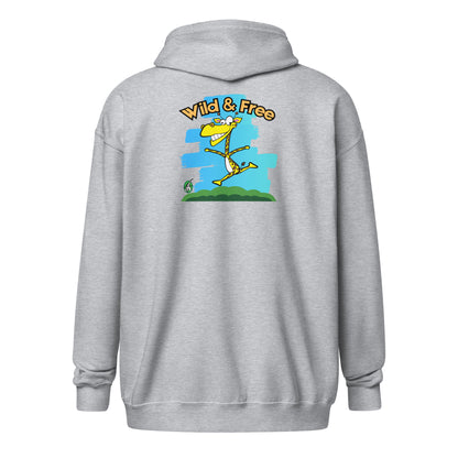 Men's grey funny zip-through hoodie with a graphic on the back of a giraffe running with the words, 'wild and free'  by Wizard Prints