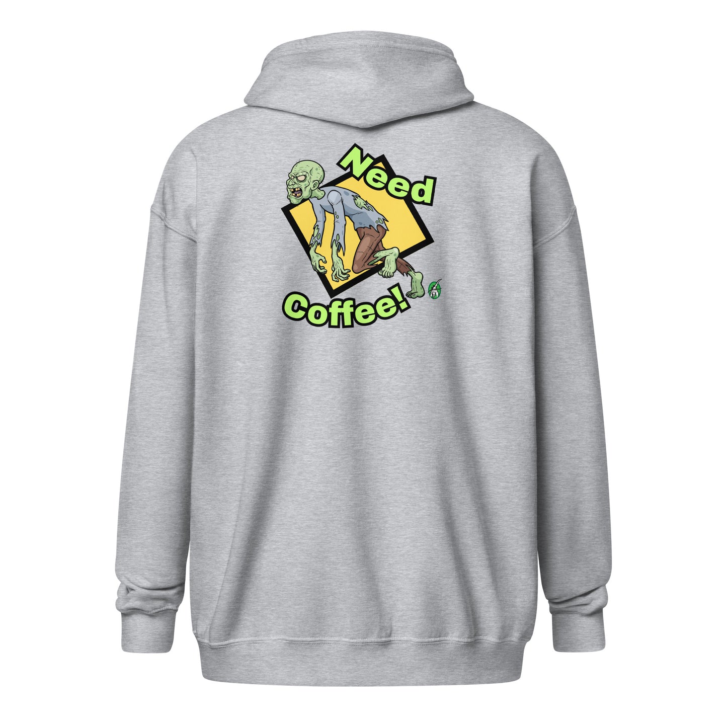 Men's grey zip-through hoodie with a funny graphic of a zombie saying, 'Need Coffee' by Wizard Prints