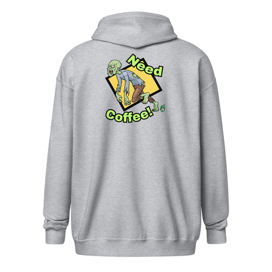 Men's grey zip-through hoodie with a funny graphic of a zombie saying, 'Need Coffee' by Wizard Prints