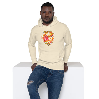 A man standing wearing a beige hoodie with a printed graphic of a fire-breathing dragon with the words, 'Unleash the Dragon'. Designed by Wizard Prints.
