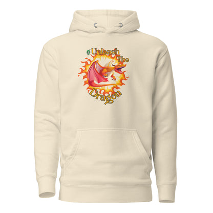 Men's beige hoodie with a printed graphic of a fire-breathing dragon with the words, 'Unleash the Dragon'. Designed by Wizard Prints.