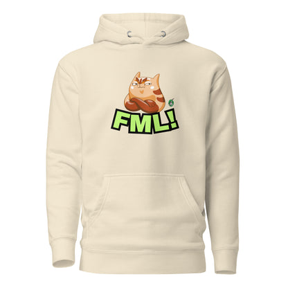 Men's beige hoodie with a printed graphic of a cat with the words, 'FML!'. Designed by Wizard Prints.