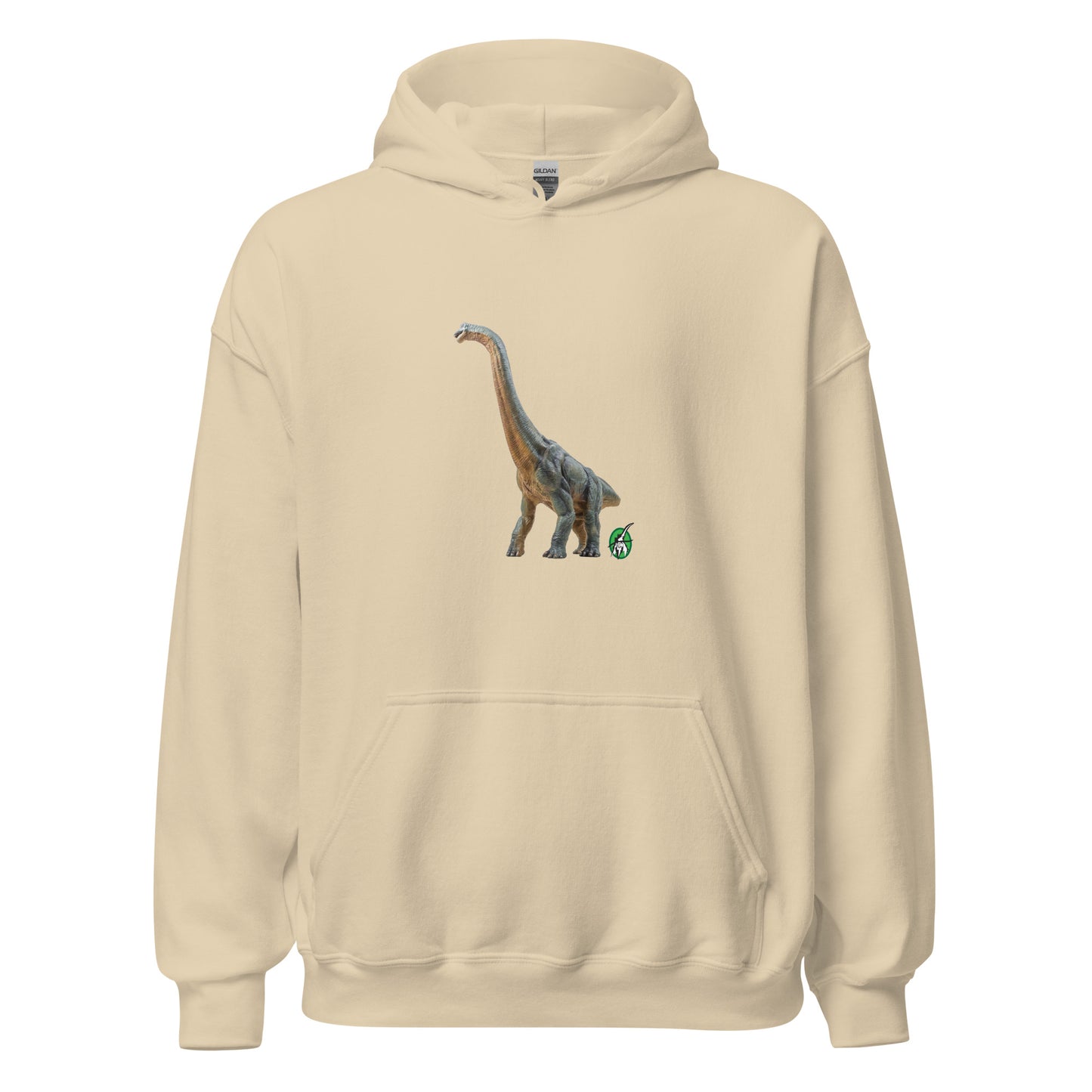Men's beige hoodie with a printed graphic of a life like dinosaur, designed by Wizard Prints