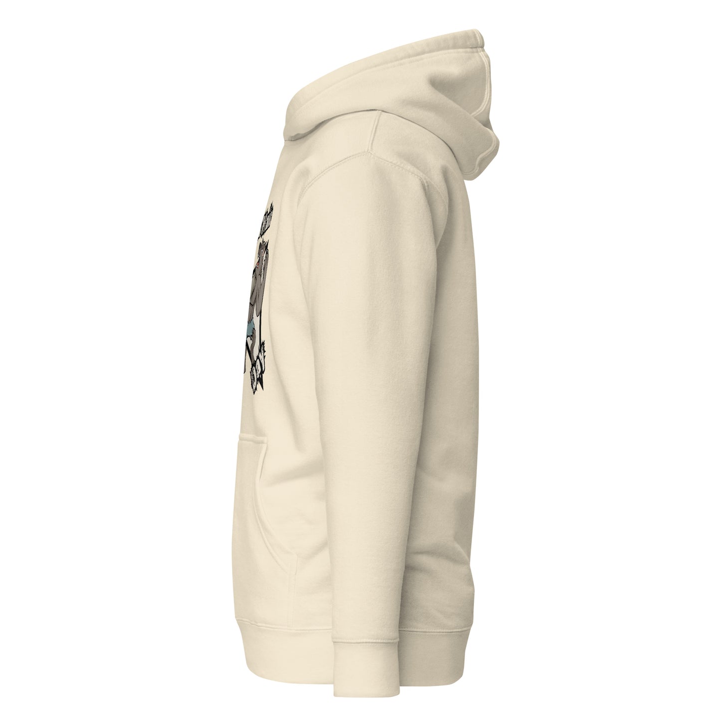 Side view of a men's beige hoodie by Wizard Prints Shop.