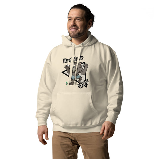 A man standing and wearing a beige hoodie with a printed graphic of a werewolf with the words, Bad Hair Day. Designed by Wizard Prints.