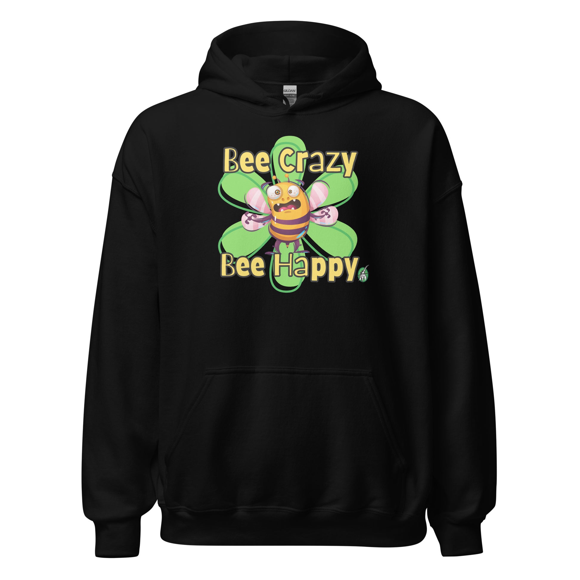 Men's black hoodie with a printed graphic of a bee with the words, 'Bee Crazy Bee Happy'. Designed by Wizard Prints.