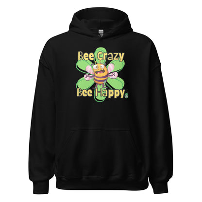 Men's black hoodie with a printed graphic of a bee with the words, 'Bee Crazy Bee Happy'. Designed by Wizard Prints.