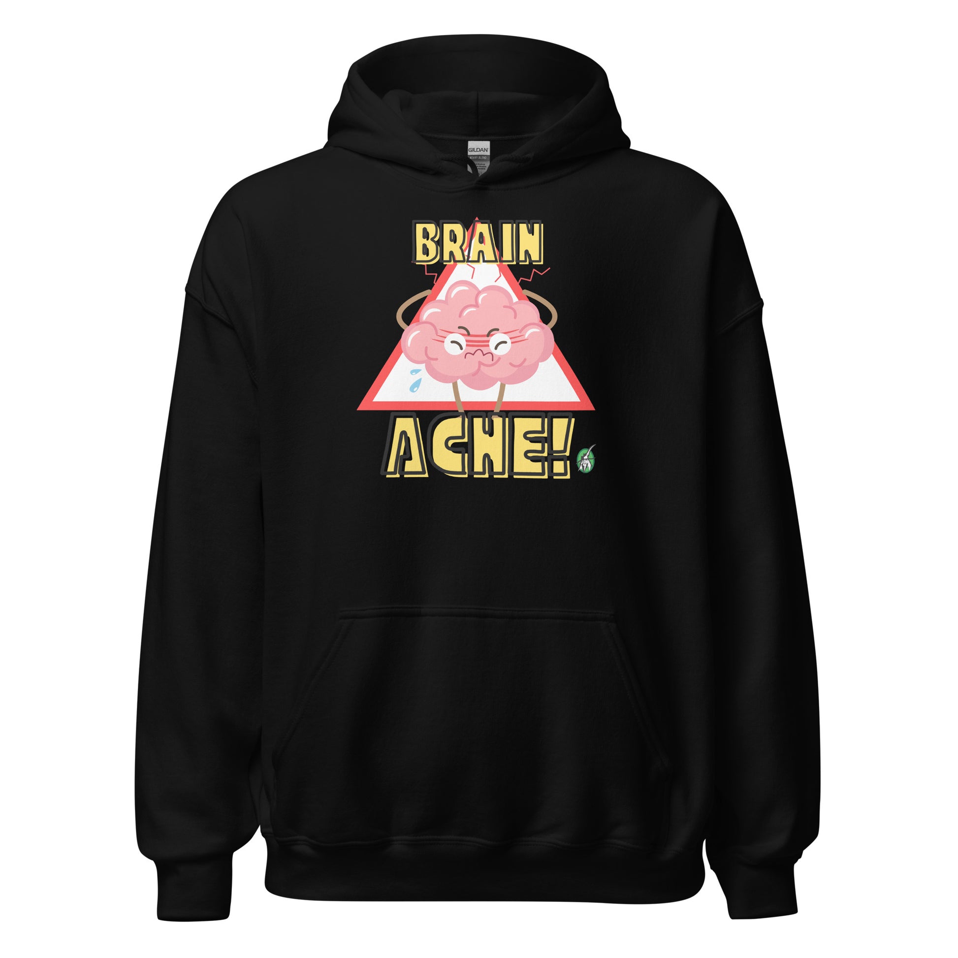 Men's black hoodie with a printed graphic of a brain with the words, Brain Ache. Designed by Wizard Prints.