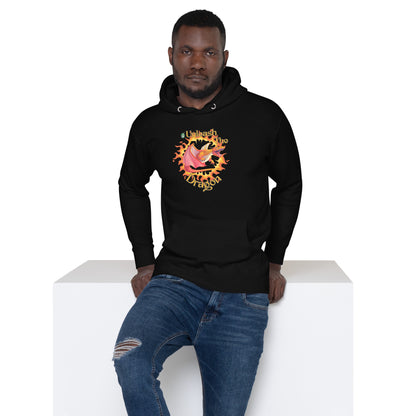 A man standing and wearing a black hoodie with a printed graphic of a fire-breathing dragon with the words, 'Unleash the Dragon'. Designed by Wizard Prints