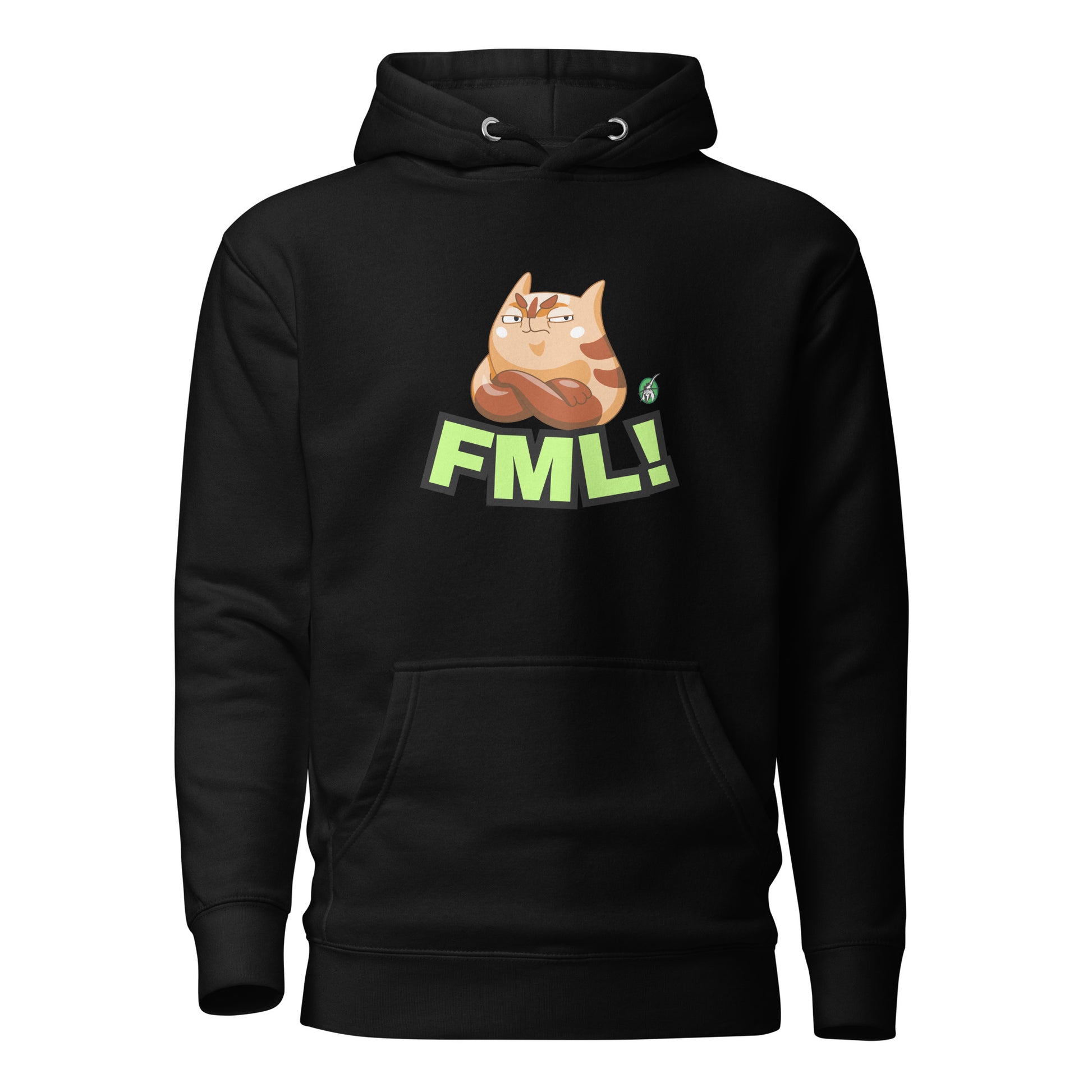 Men's black hoodie with a printed graphic of a cat with the words, 'FML!'. Designed by Wizard Prints.