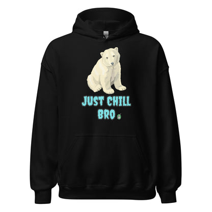 A man standing wearing a grey hoodie with a printed graphic of a bear with the words, 'Just Chill Bro'. Designed by Wizard Prints.