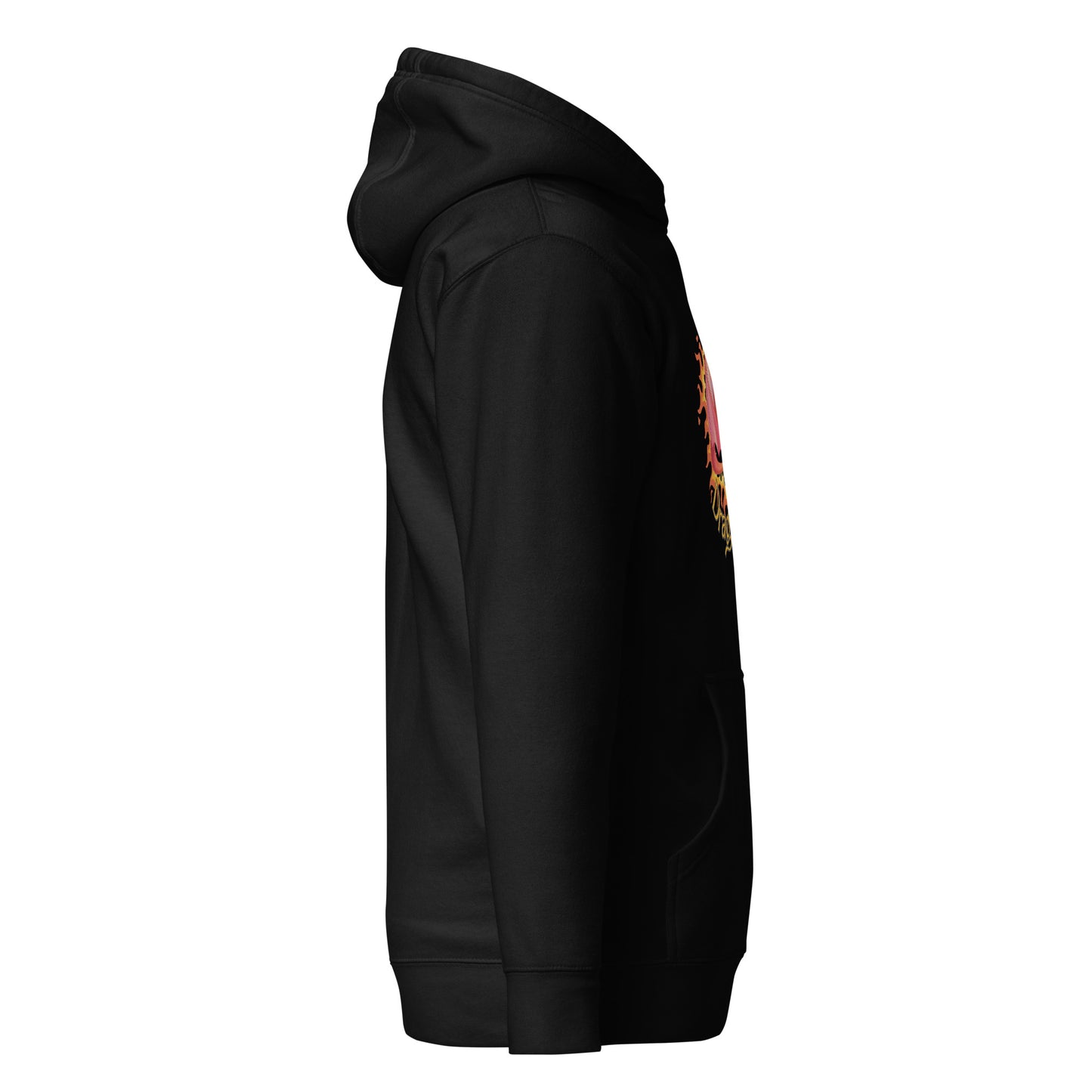 Side view of a men's black hoodie by Wizard Prints Shop.
