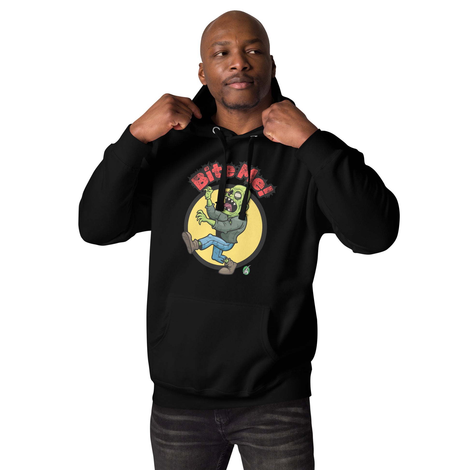 A man standing wearing a black hoodie with the printed graphic of a zombie with the words, Bite Me. Designed by Wizard Prints.