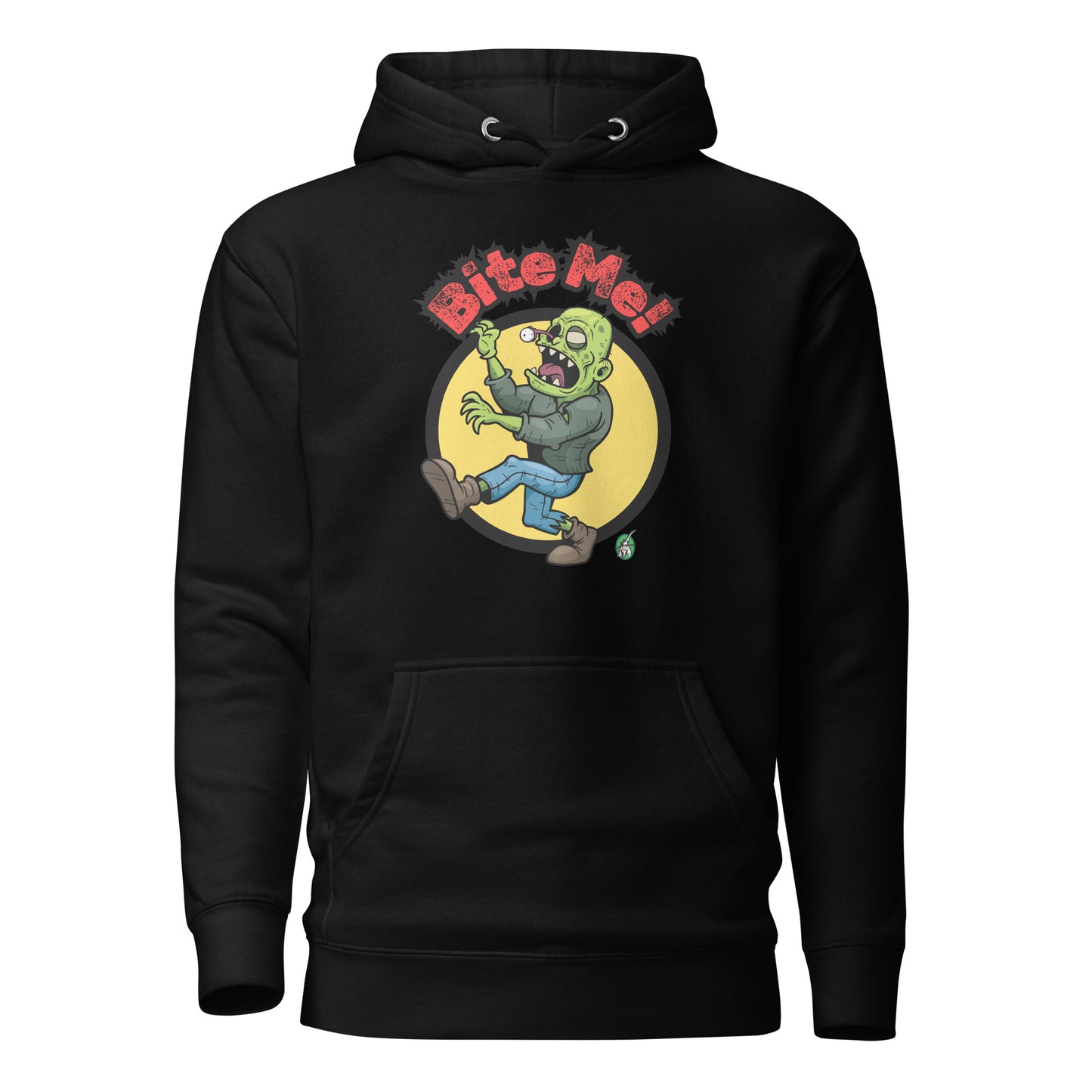 Men's black hoodie with the printed graphic of a zombie with the words, Bite Me. Designed by Wizard Prints.