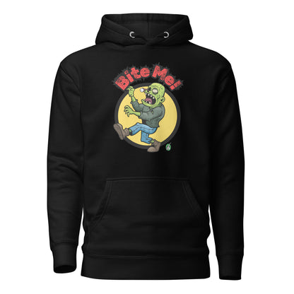 Men's black hoodie with the printed graphic of a zombie with the words, Bite Me. Designed by Wizard Prints.