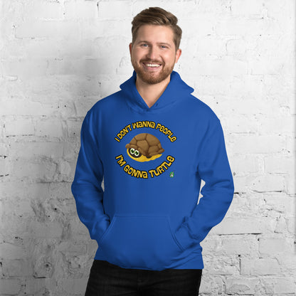 A man standing wearing a blue hoodie with a printed graphic of a turtle with the words, 'I Don't Wanna People, I'm Gonna Turtle'. Designed by Wizard Prints.