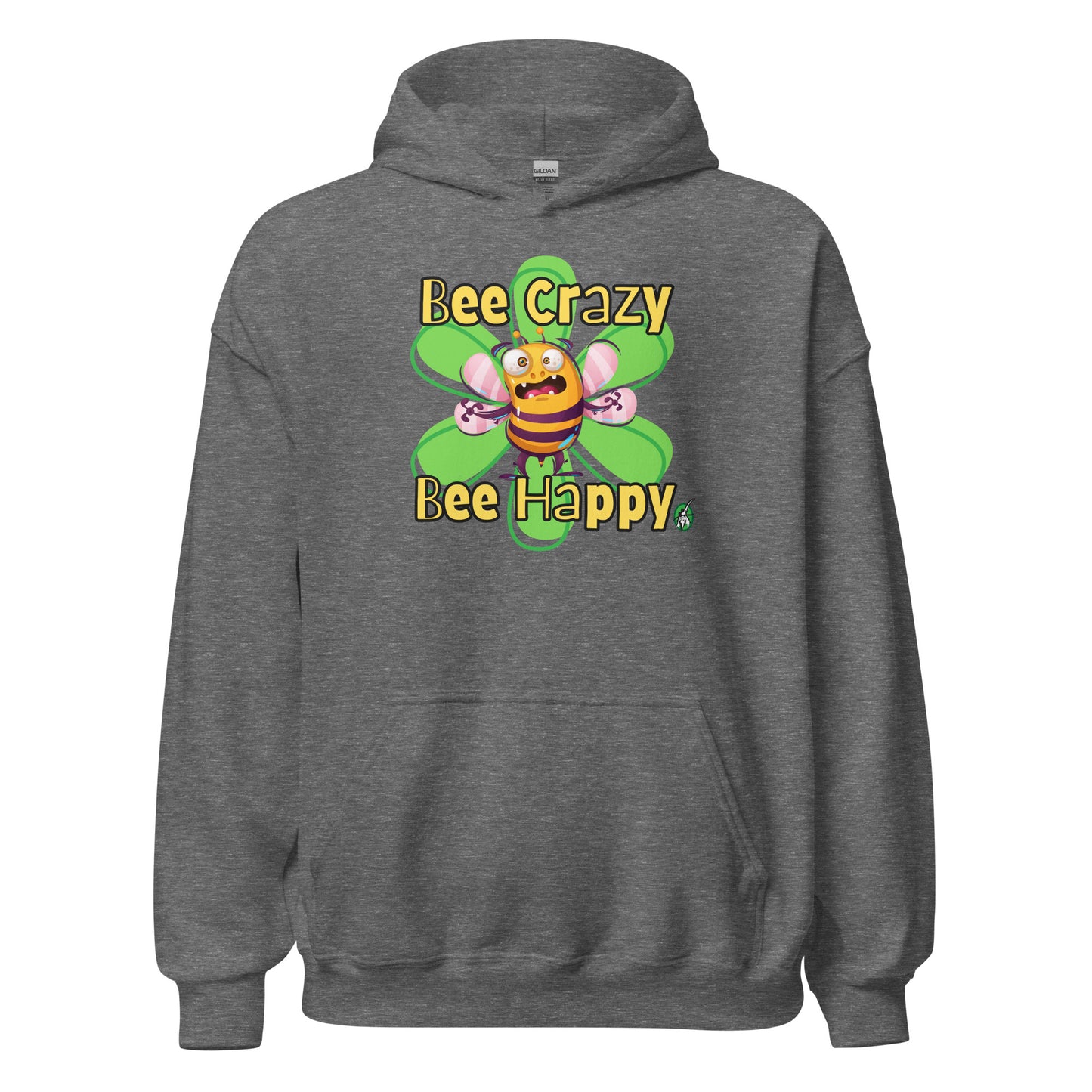 Men's dark grey hoodie with a printed graphic of a bee with the words, 'Bee Crazy Bee Happy'. Designed by Wizard Prints.