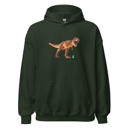 A man standing wearing a forest green hoodie with a printed graphic of a life like dinosaur. Designed by Wizard Prints.