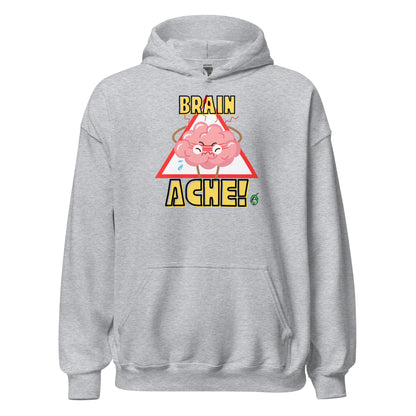 Men's grey hoodie with a printed graphic of a brain with the words, Brain Ache. Designed by Wizard Prints.