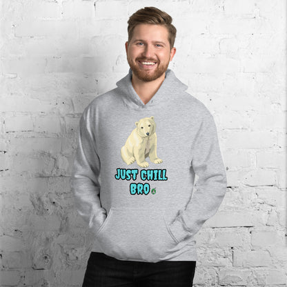 A man standing wearing a grey hoodie with a printed graphic of a bear with the words, 'Just Chill Bro'. Designed by Wizard Prints.
