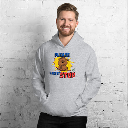 A man standing wearing a grey hoodie with a printed graphic of a frowning dog with the words, Please Make It Stop. Designed by Wizard Prints.