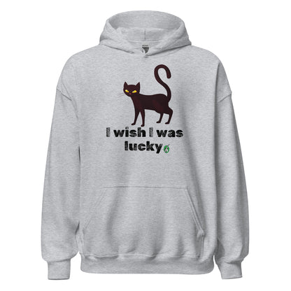 Men's grey hoodie with a printed graphic of a cat with the words, 'I wish I was lucky'. Designed by Wizard Prints.