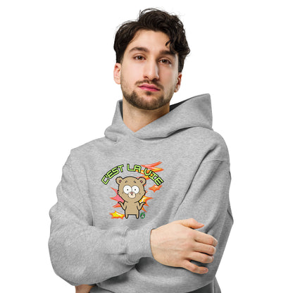 A man standing wearing a grey hoodie by Wizard Prints featuring a printed graphic of a shrugging cartoon bear and the words, C'est La Vie.
